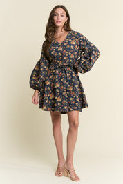 Floral Print Balloon Sleeve Dark Denim Dress