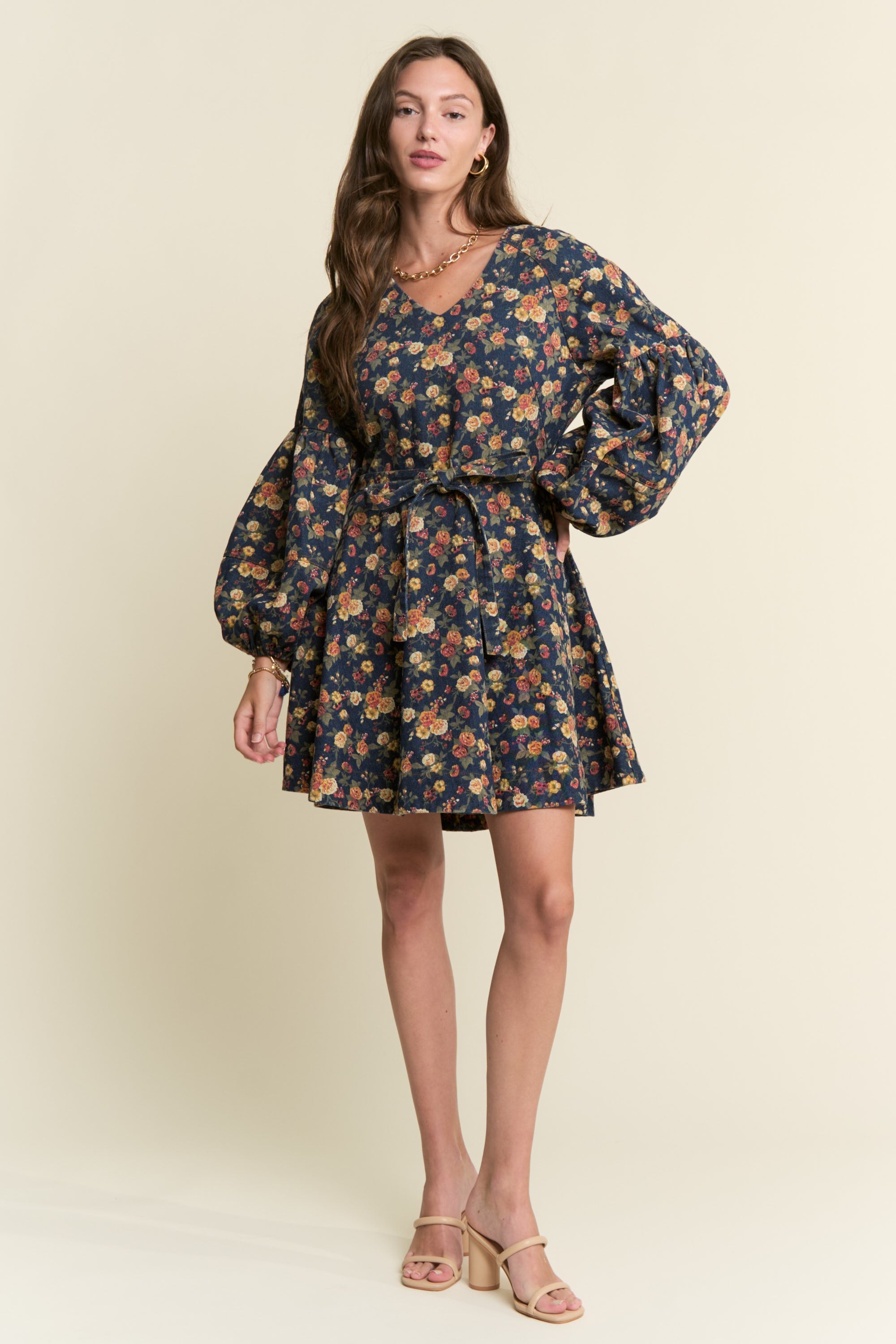 Floral Print Balloon Sleeve Dark Denim Dress