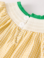 Yellow Plaid Floral Smocking Embroidered Baby Girl Romper