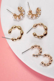 TRIO PEARL LINK BEAN HUGGIE HOOP EARRINGS SET OF 3