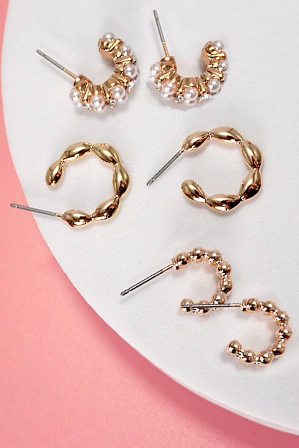 TRIO PEARL LINK BEAN HUGGIE HOOP EARRINGS SET OF 3