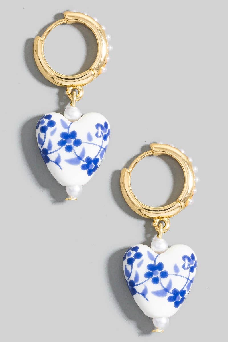 Floral Ceramic Heart Charms Pearl Studded Hoop Earrings