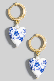 Floral Ceramic Heart Charms Pearl Studded Hoop Earrings