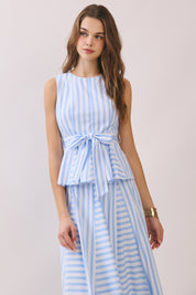 Blue Striped Tie Waist Peplum Top
