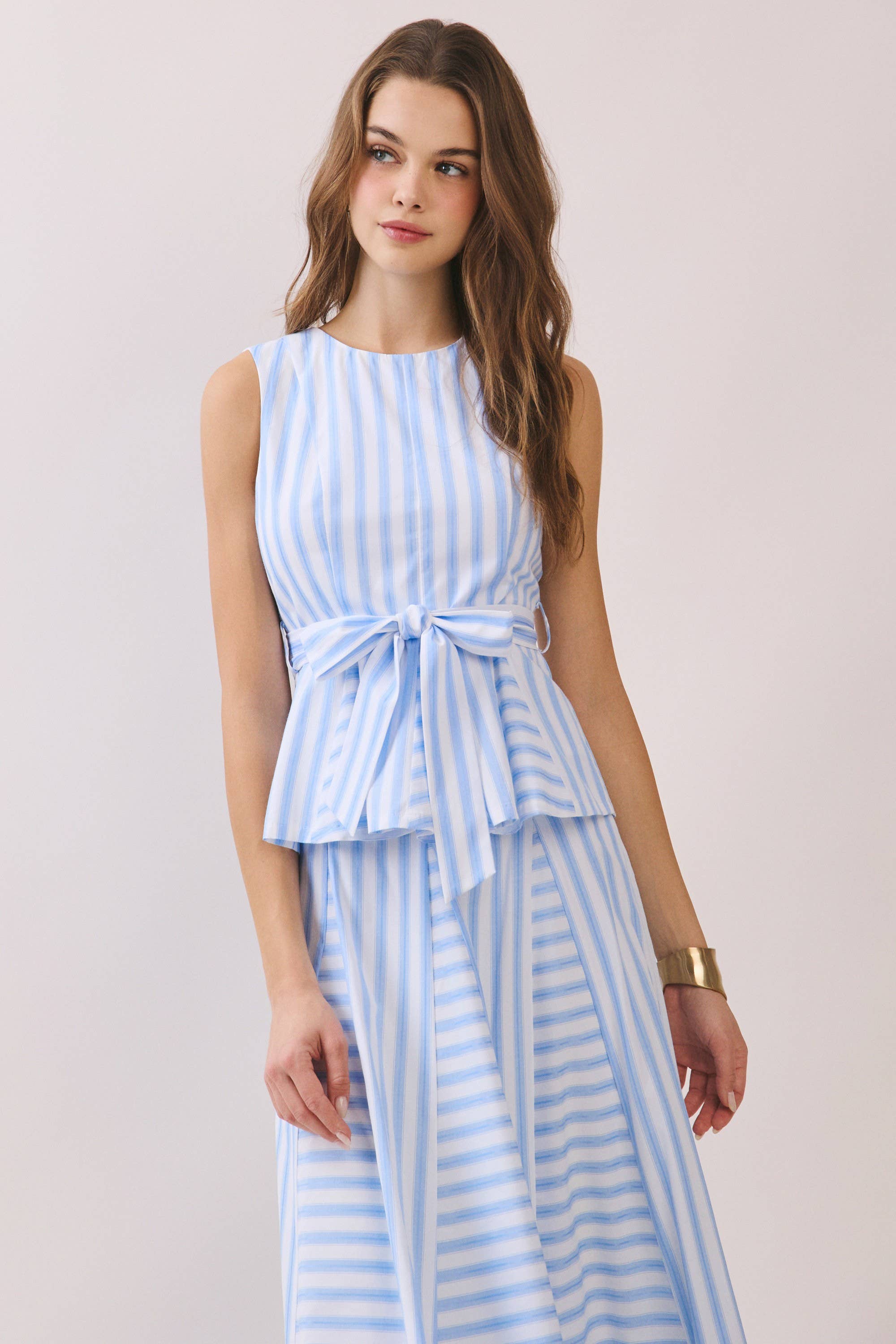 Blue Striped Tie Waist Peplum Top