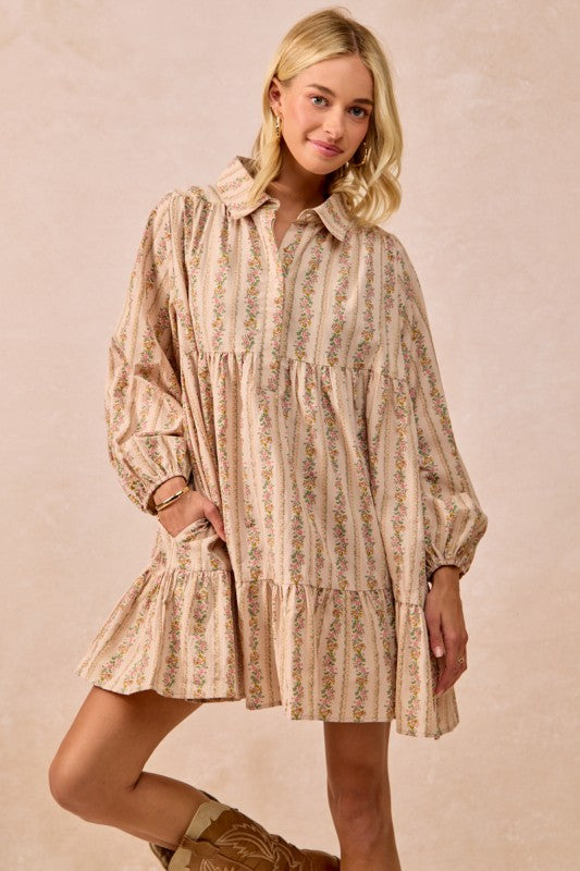 Cream Floral Print Buttoned Shirt Dress