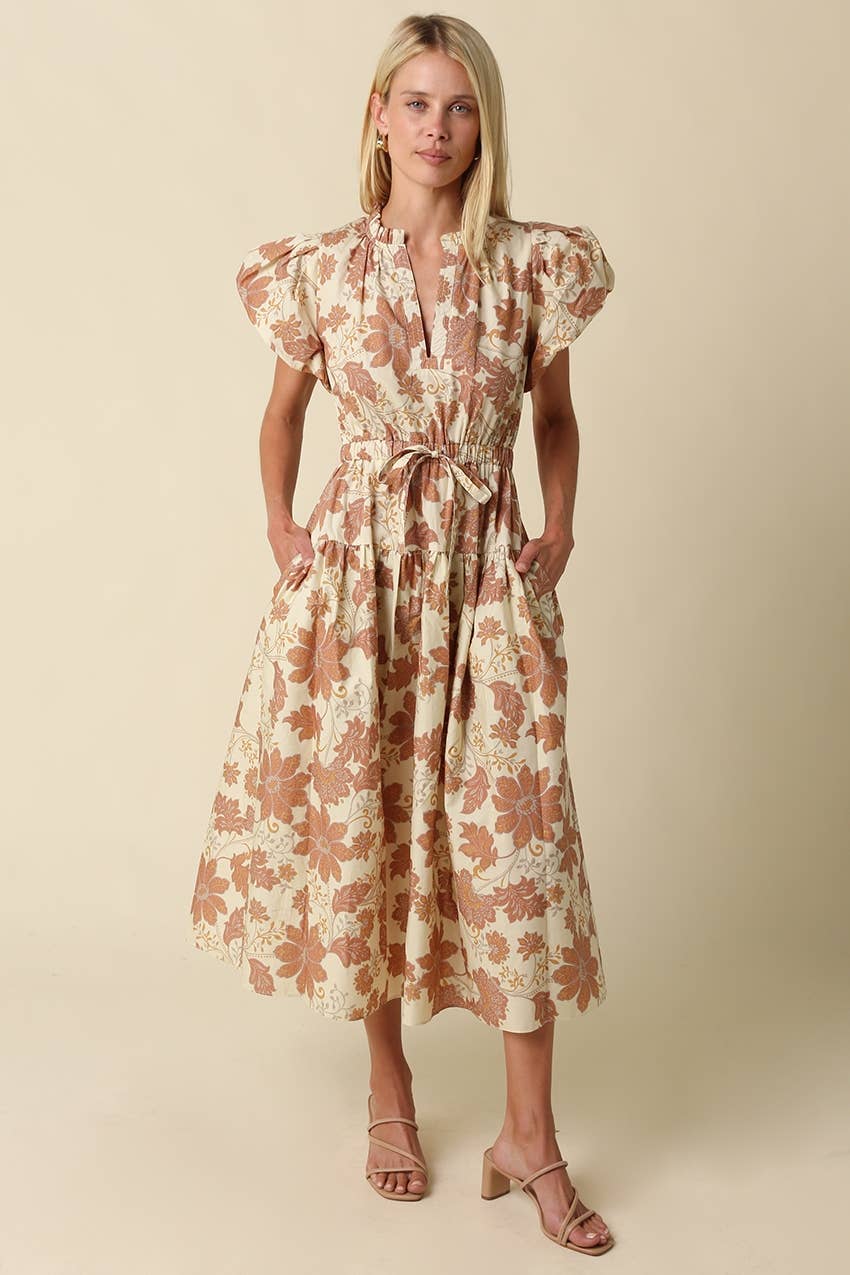 Beige Puff Sleeve Floral Midi Dress