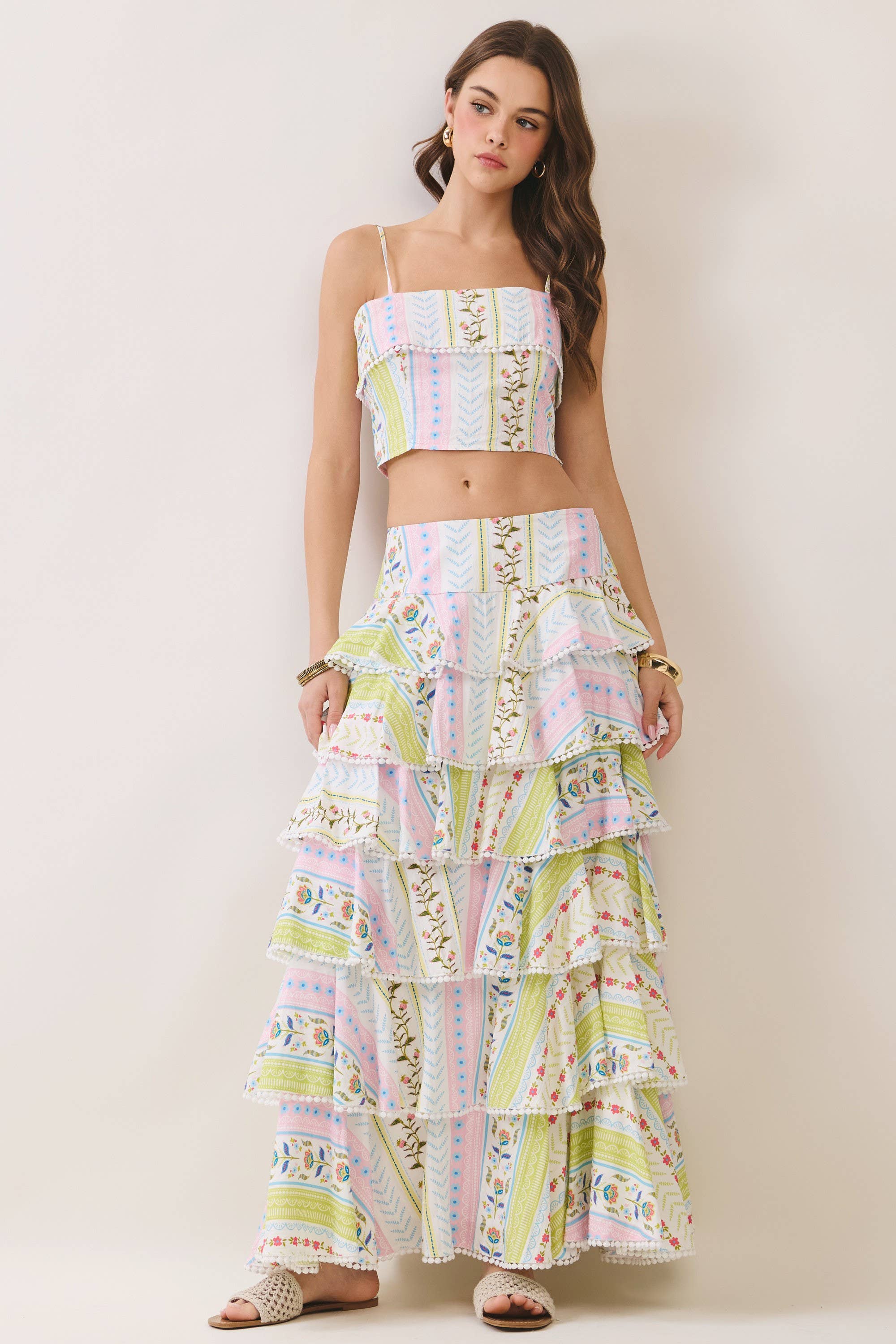 Floral Print Tiered Ruffle Maxi Top & Skirt Set