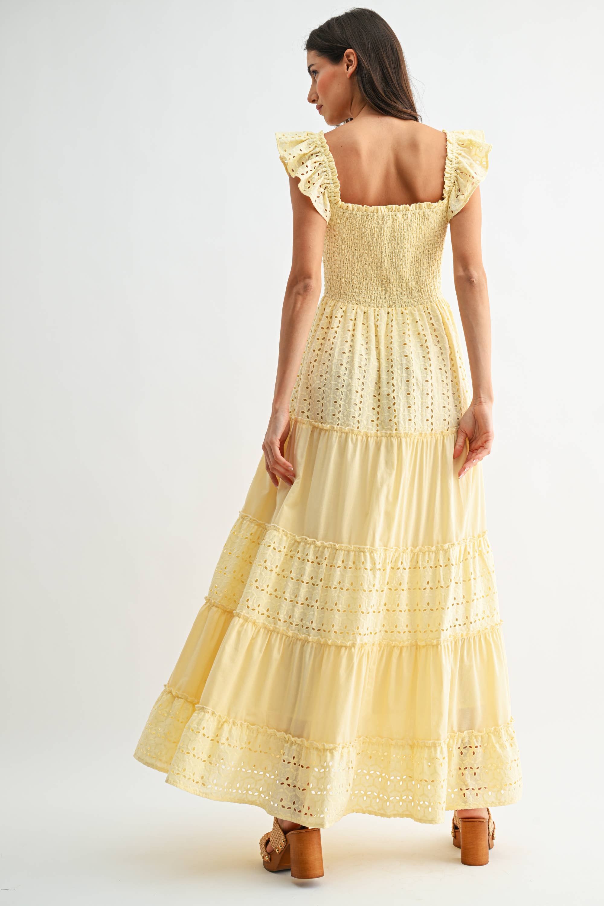 Yellow Eyelet Smocked Maxi Dress