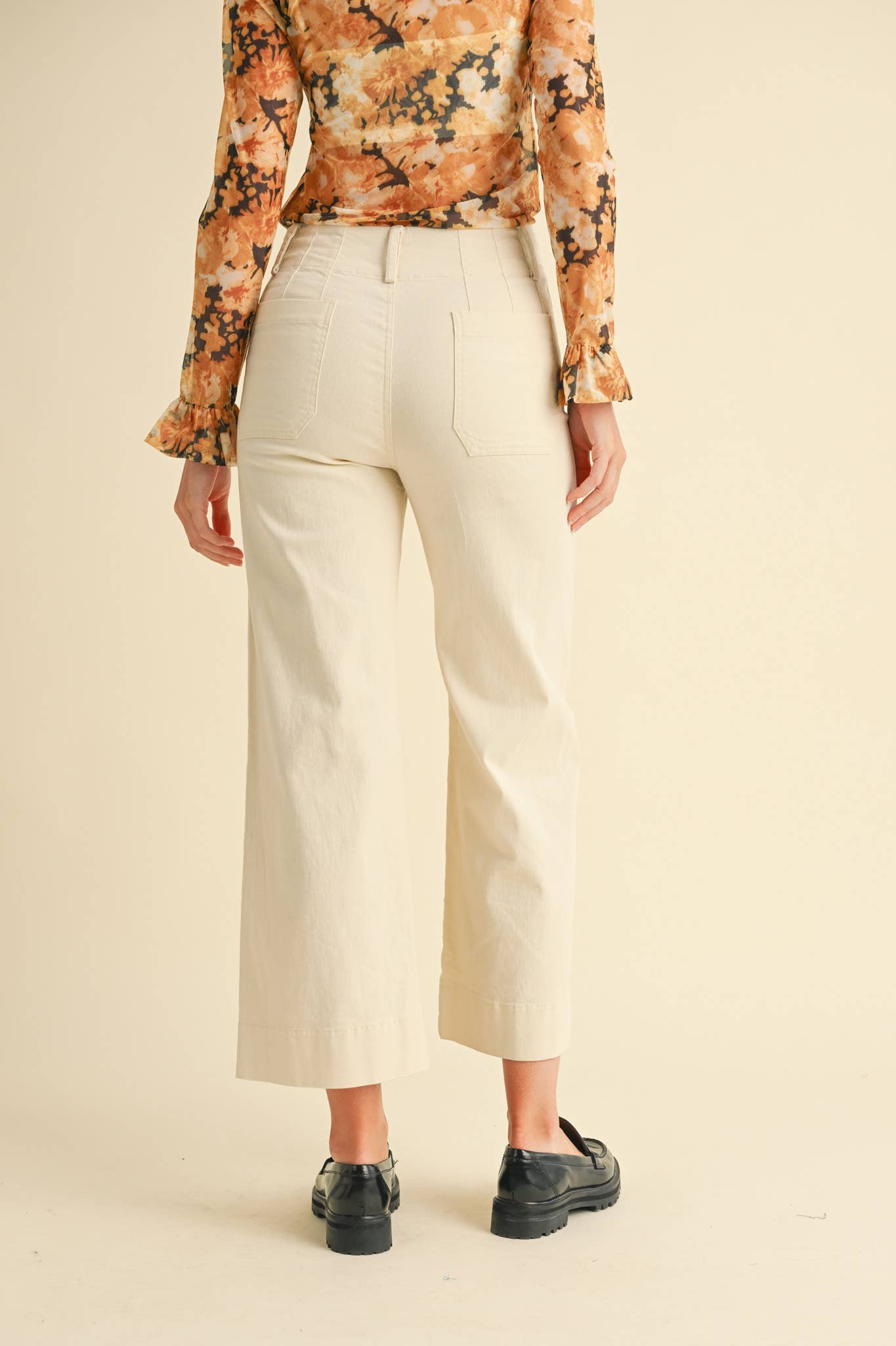 Cream High Waist Cropped Wide Leg Pants