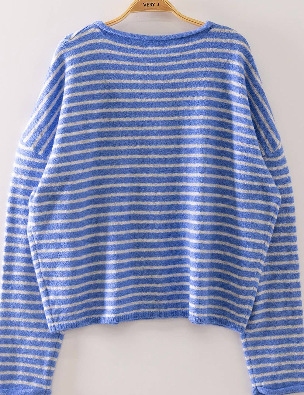 Blue Button Down Stripe Sweater showing round neckline