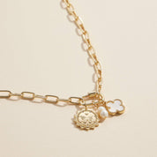 Chain Necklace with Butterfly, Pearl, & Clover Charms