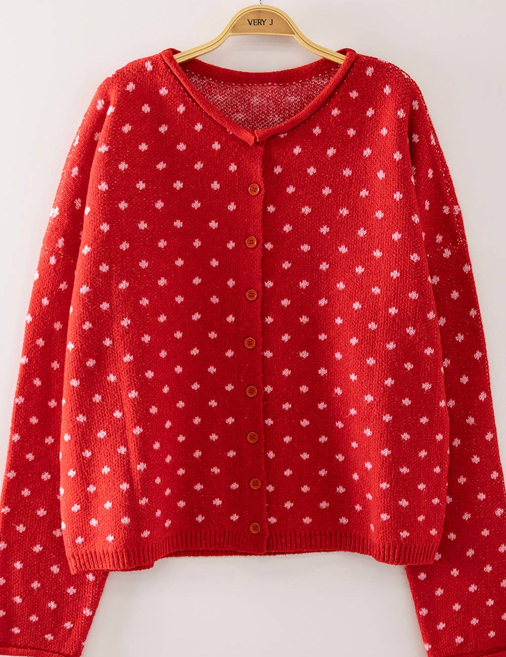 Red Polka Dot Sweater — round neckline and drop shoulder