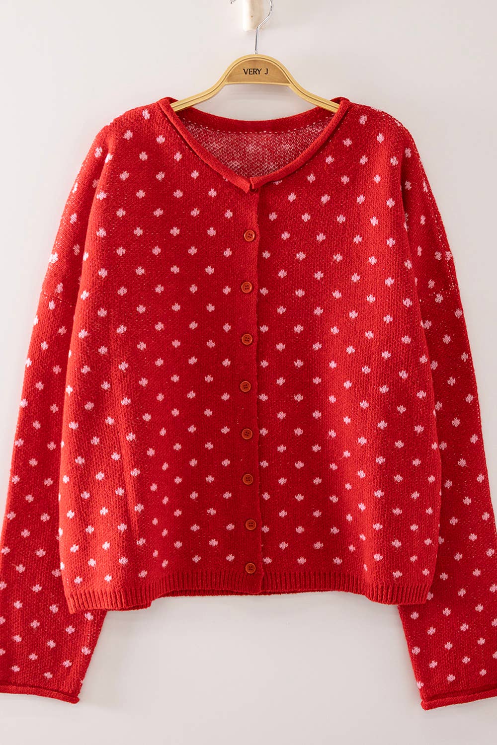 Red Polka Dot Sweater — round neckline and drop shoulder