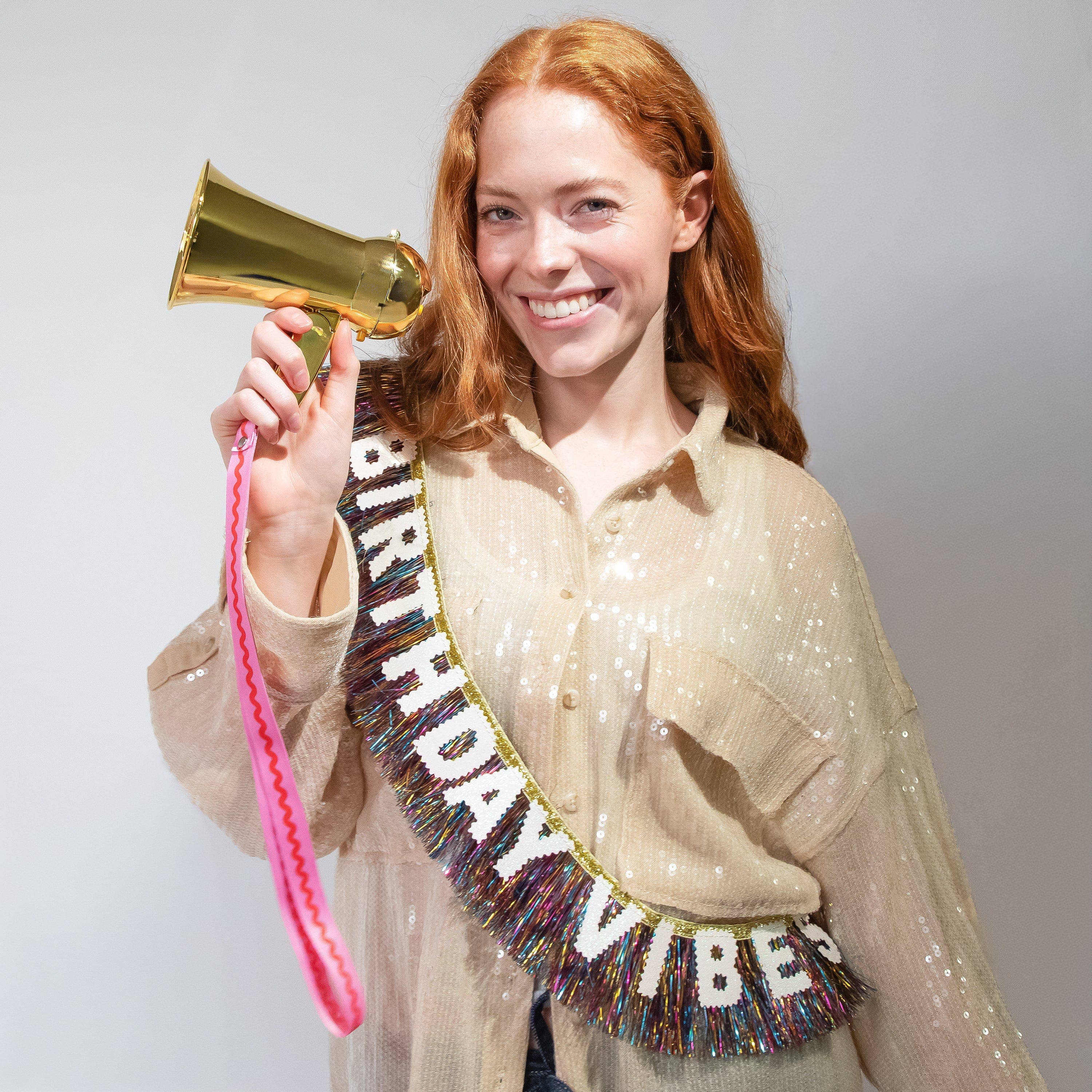 Birthday Vibes Tinsel & Glitter Sash — 60" length, 3" height and one size fits all
