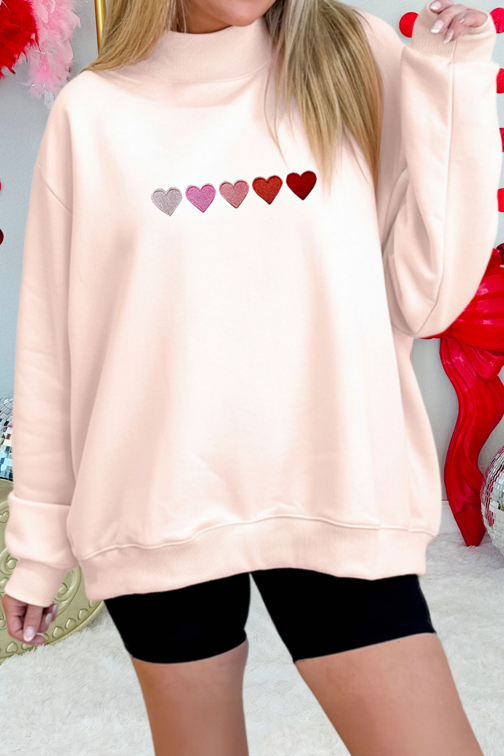 Pink Embroidered Hearts Graphic Mock Neck