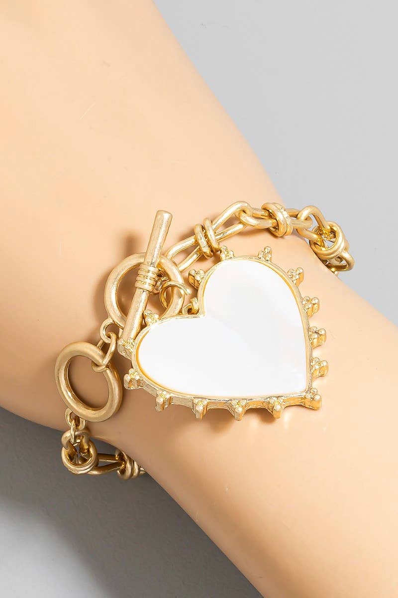 Mother Of Pearl Heart Charm Toggle Chain Bracelet