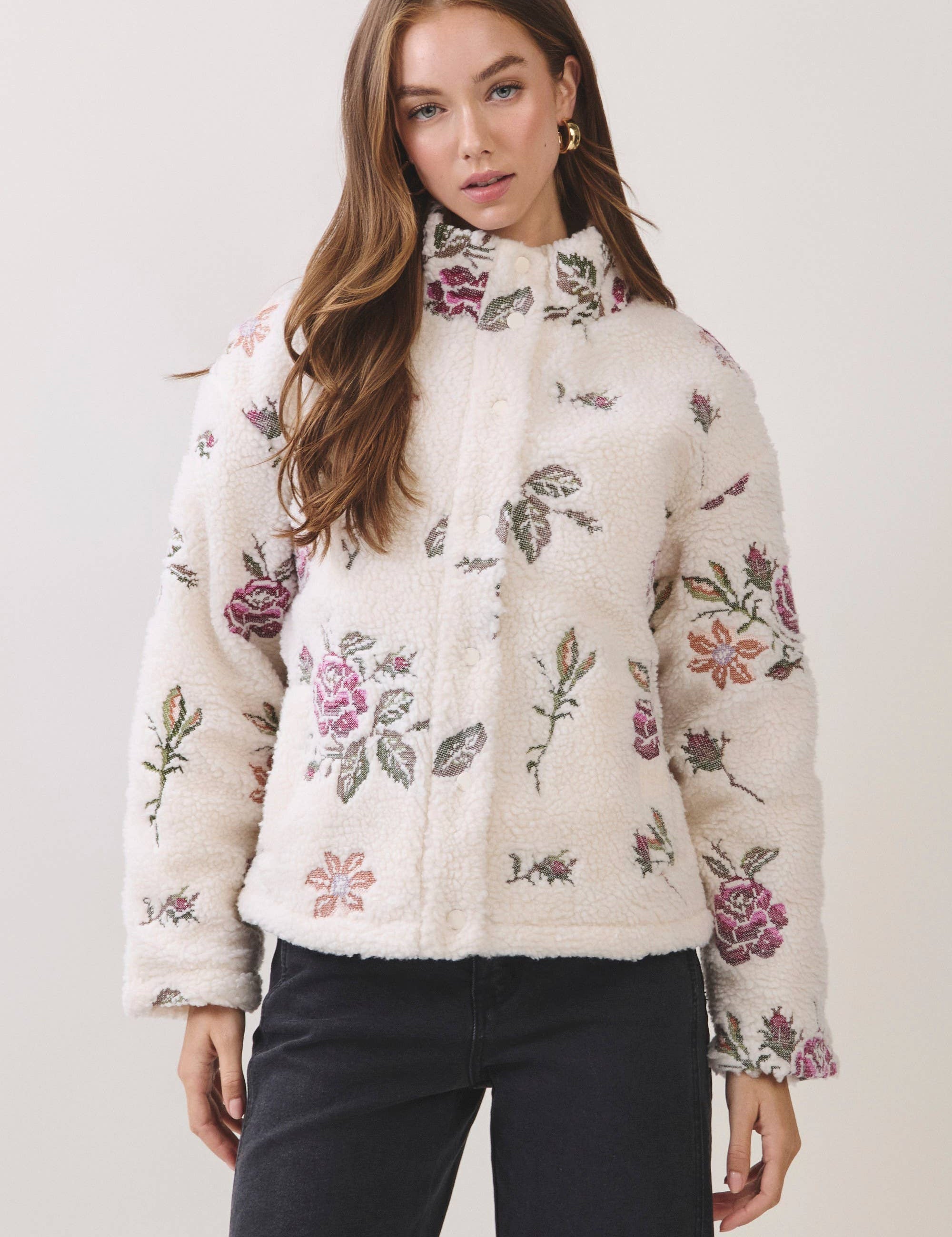 Cream Floral Embroidered Sherpa Jacket showing plush sherpa texture