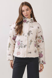 Cream Floral Embroidered Sherpa Jacket showing plush sherpa texture