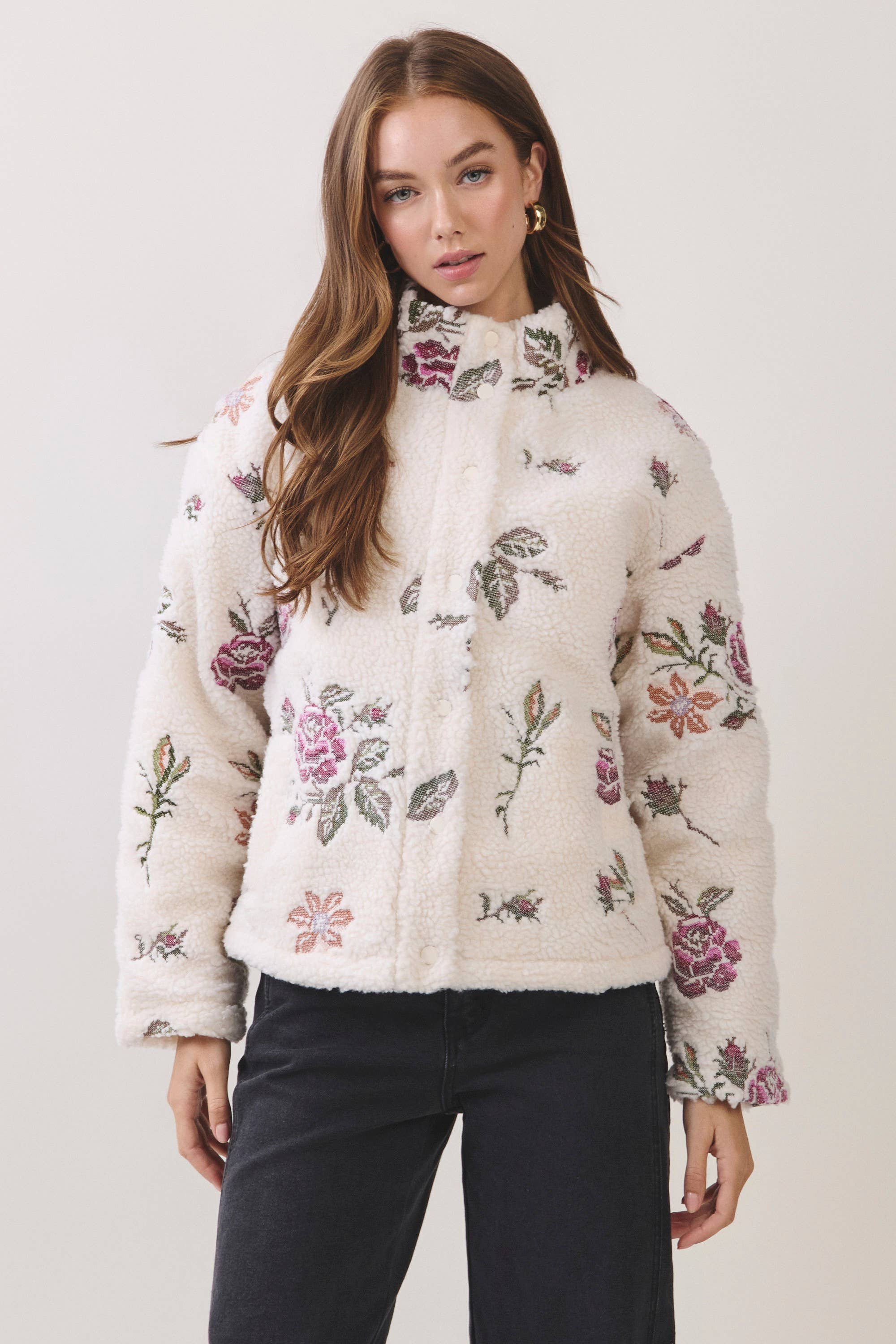 Cream Floral Embroidered Sherpa Jacket showing plush sherpa texture