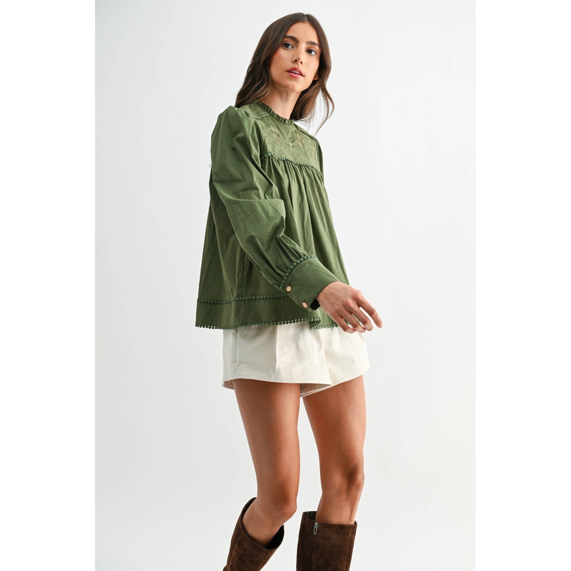 Green Puff Sleeve Embroidered Blouse