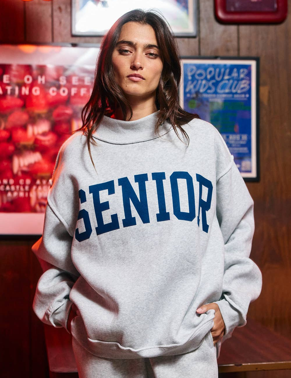 Gray Senior Mockneck Sweatshirt showing mockneck