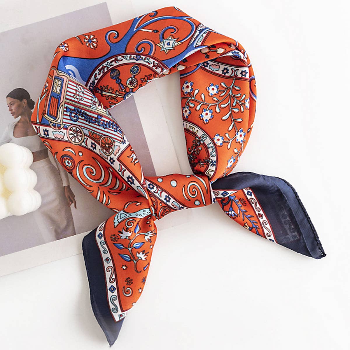 Orange Floral Summer Satin Square Scarf — color: orange