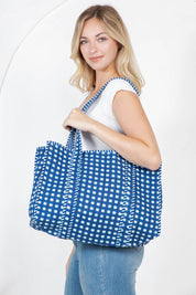 Blue Checkered Quilted Tote Bag