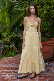 Yellow Strapless Twist Front Midi Dress