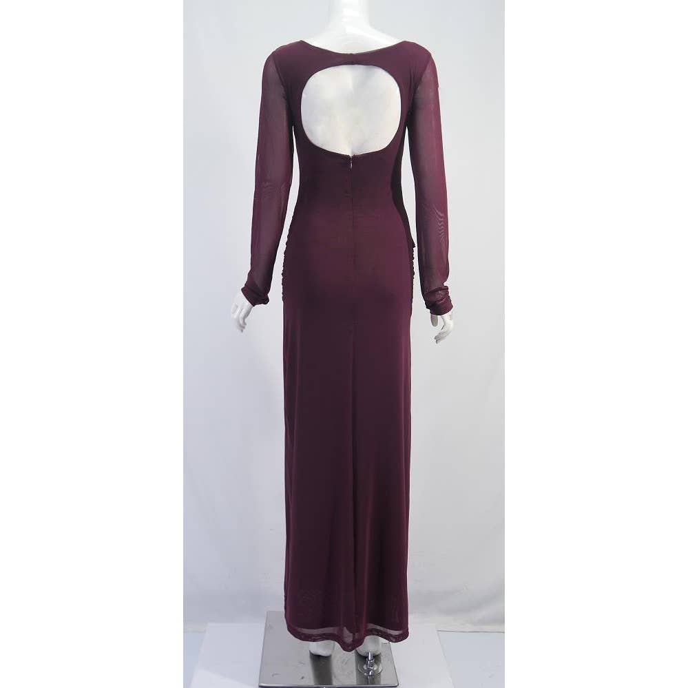 Burgundy Open-Back Long Sleeve Maxi Dress