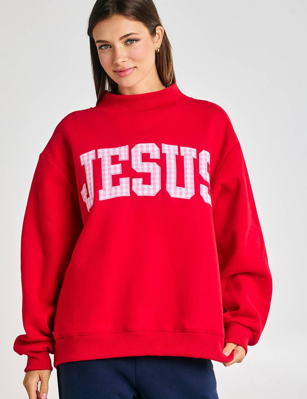 Red & Pink Gingham Jesus Mockneck showing "JESUS" pink gingham applique