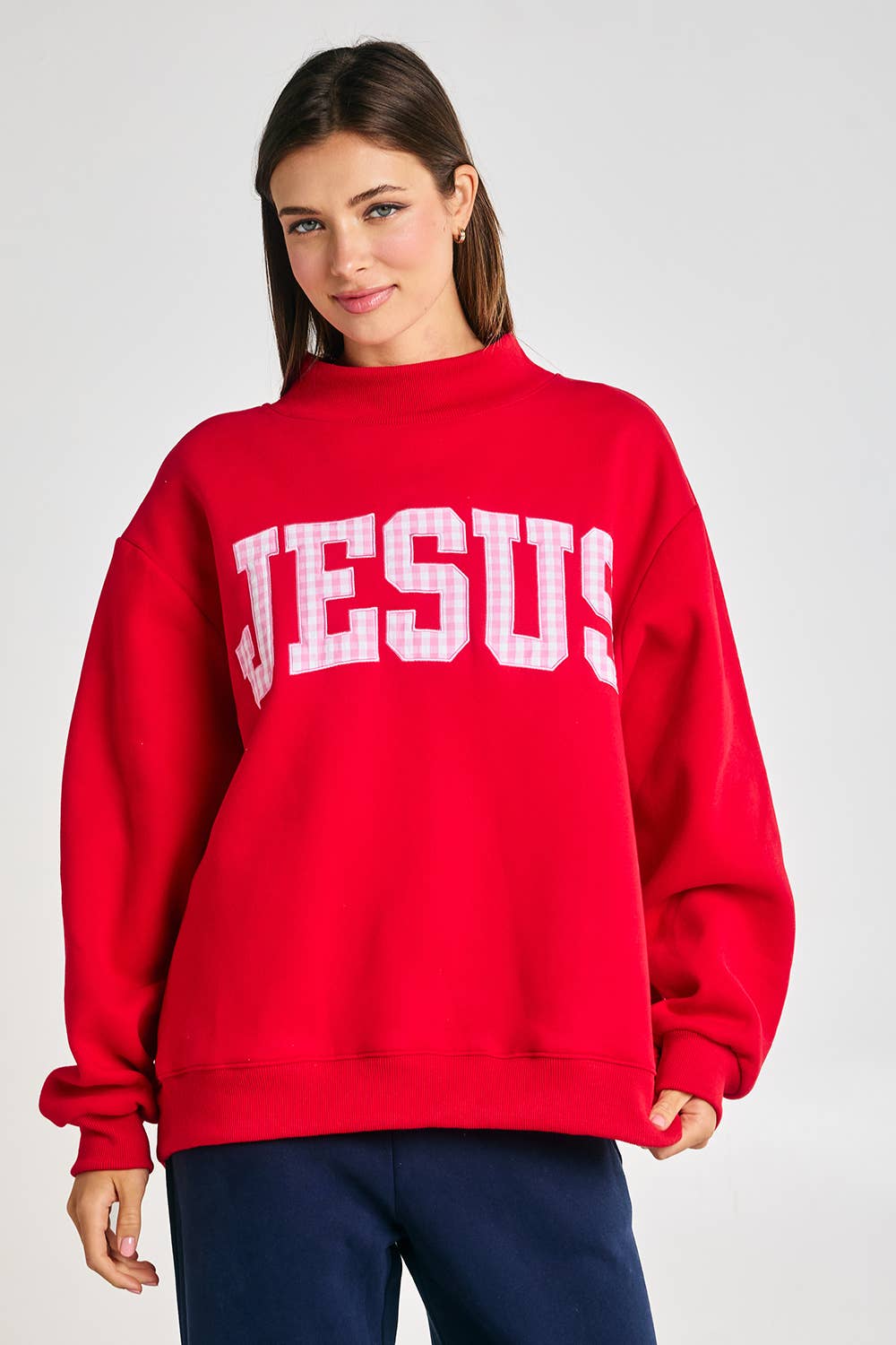 Red & Pink Gingham Jesus Mockneck