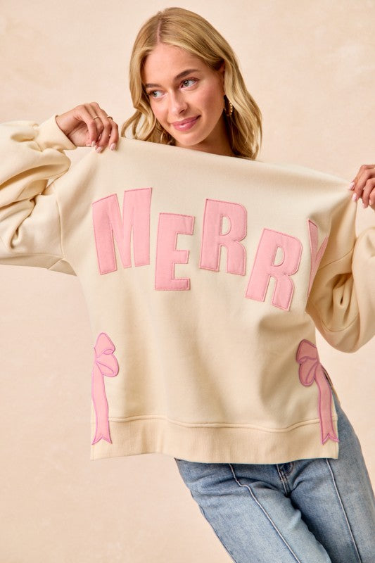 Cream/Pink Merry Christmas Sweatshirt