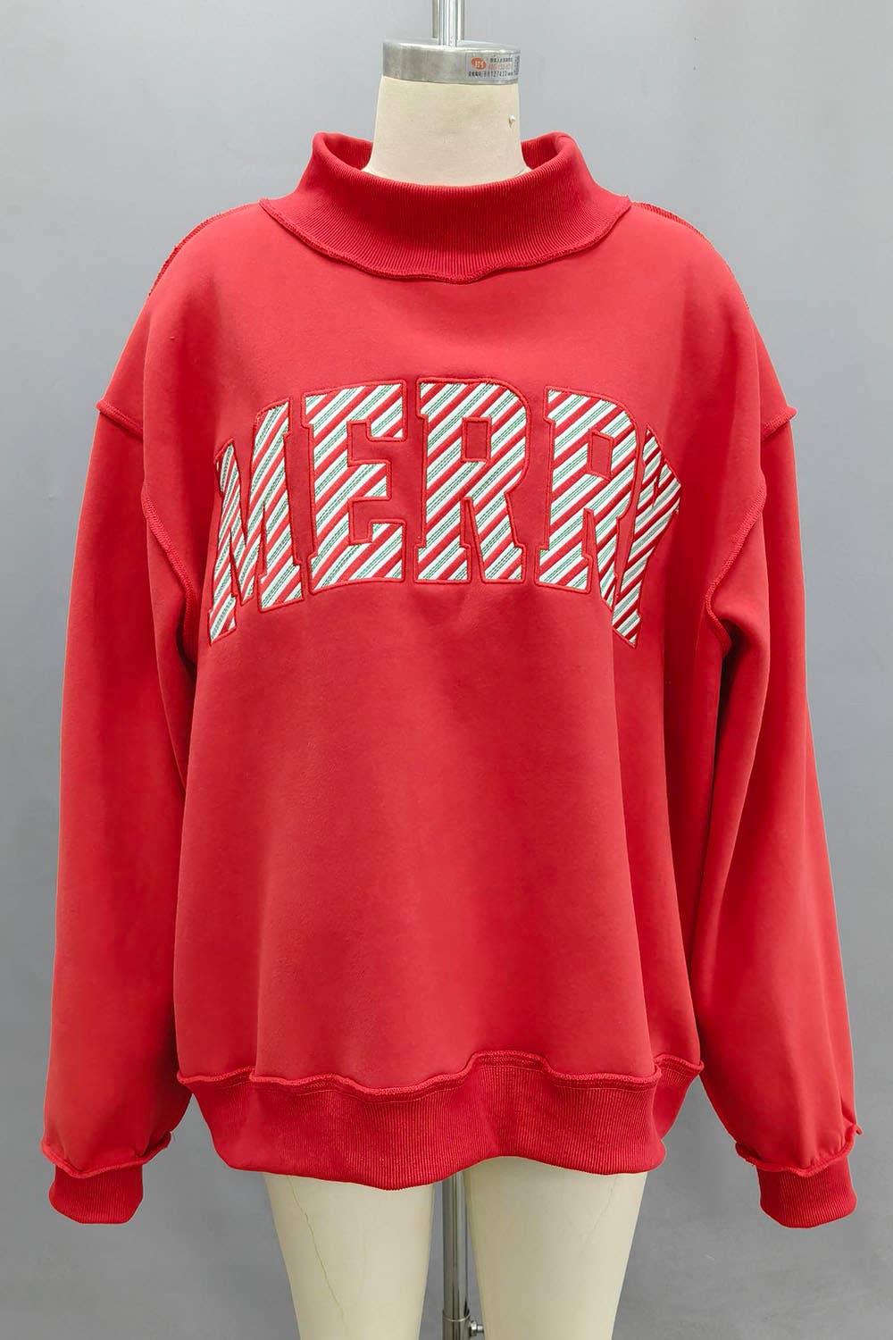 'MERRY' Striped Mock Neck Sweatshirt