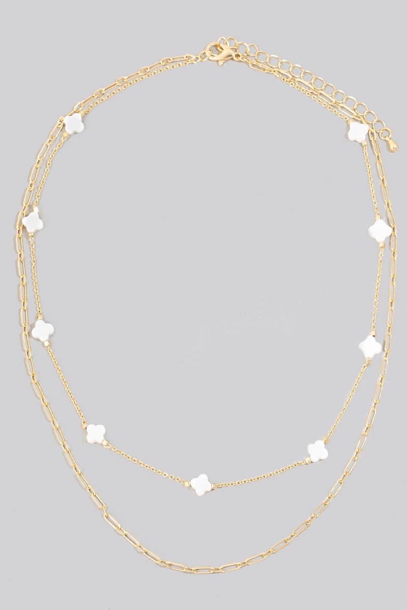 Clover Station Shell Charms Layered Chain Necklace