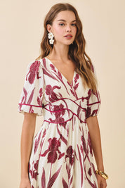 Floral Print Piping Puff Sleeve Dress