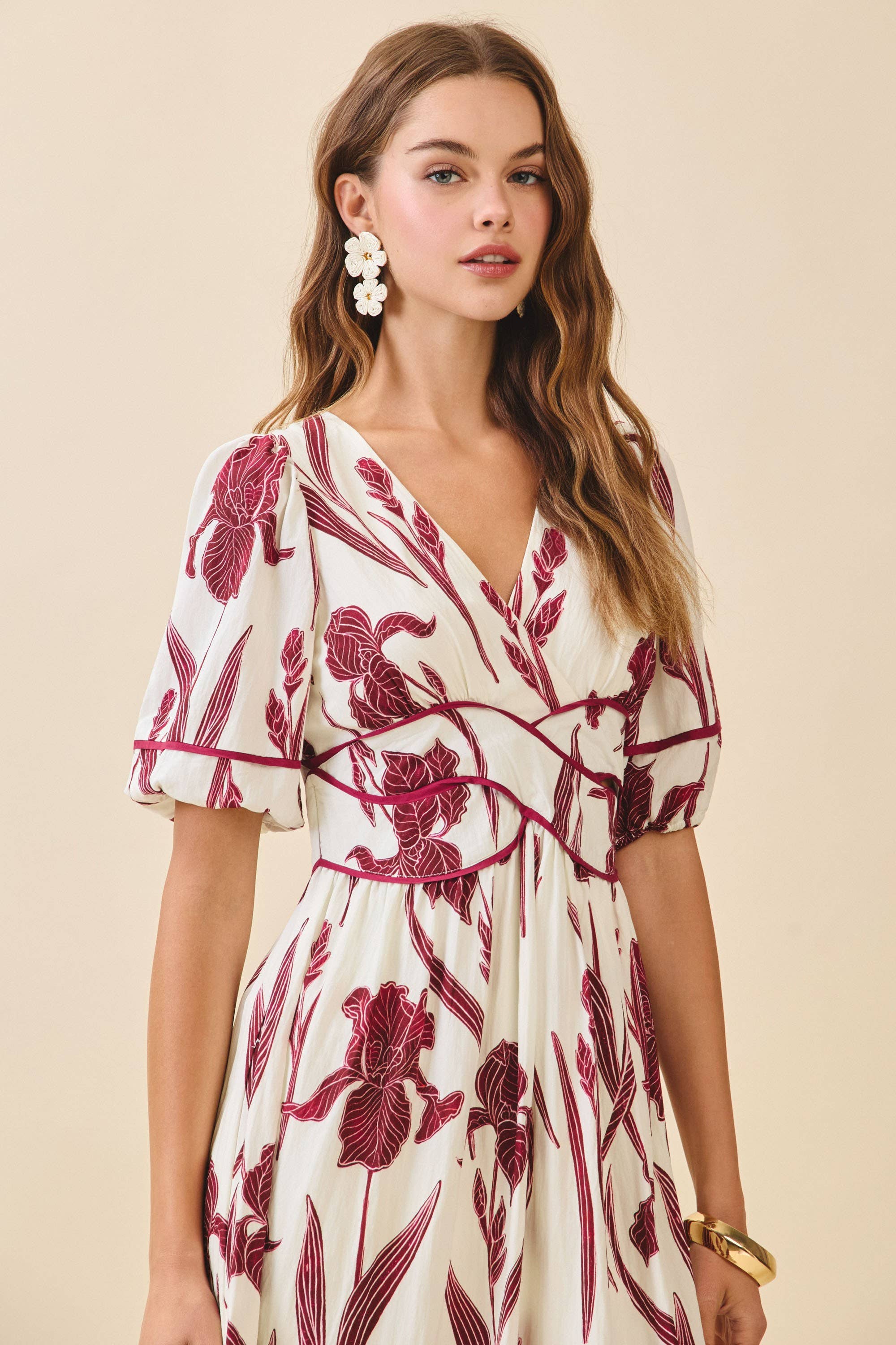 Floral Print Piping Puff Sleeve Dress