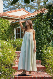 Green & White Striped Cami Pintuck Midi Dress