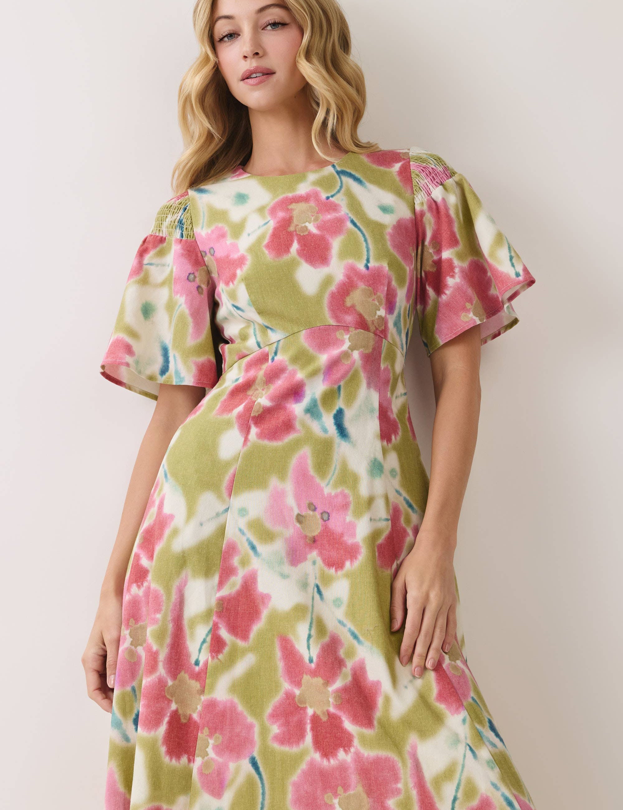 Green Floral Print Smocked Shoulder Midi Dress — floral and round neckline