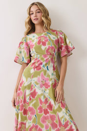 Green Floral Print Smocked Shoulder Midi Dress