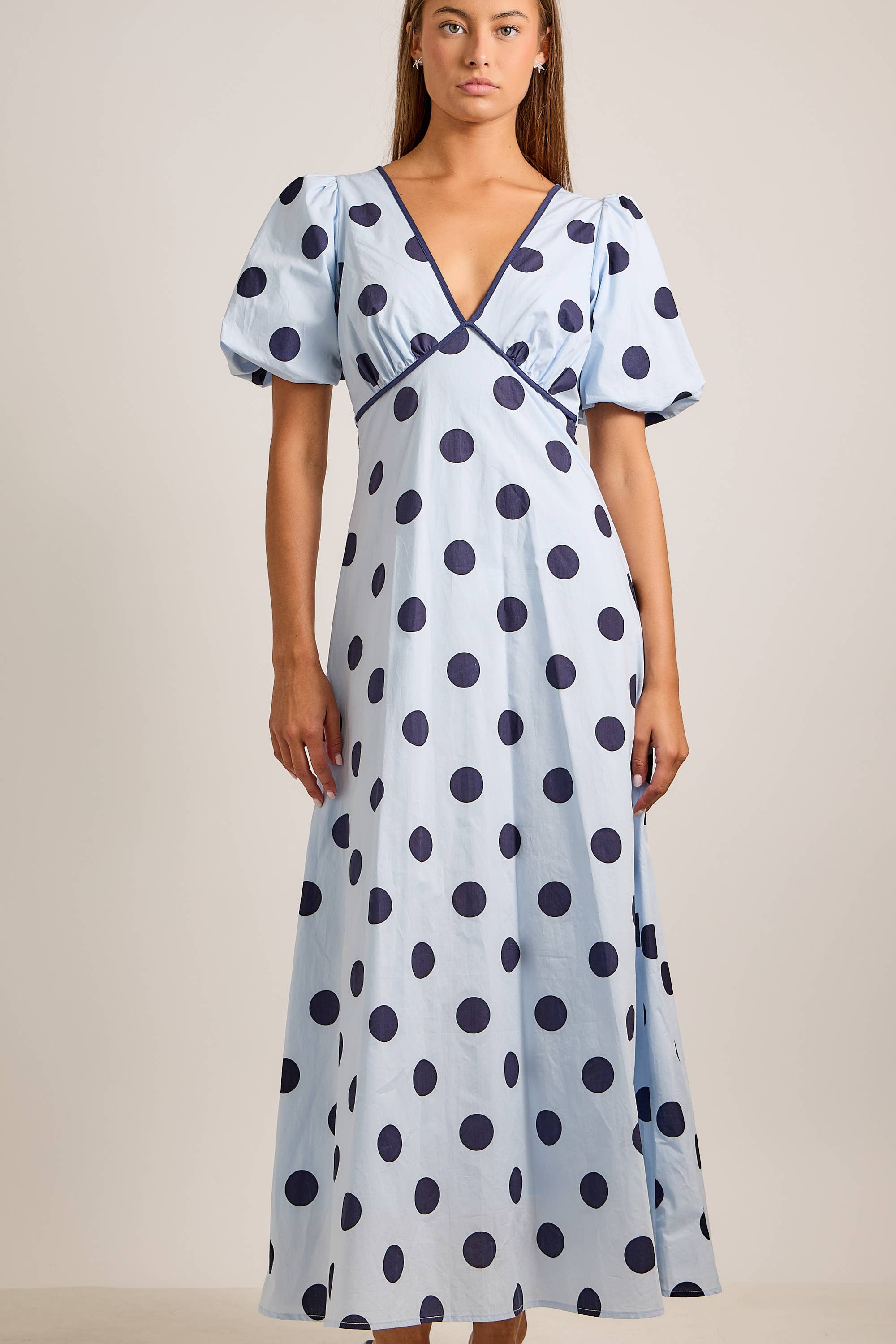 Deep V-neck Maxi Dress With Bubble Sleeves