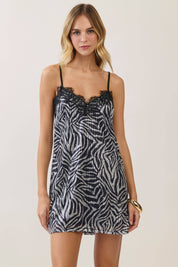 Black Zebra Sequin Lace Trim Mini Dress