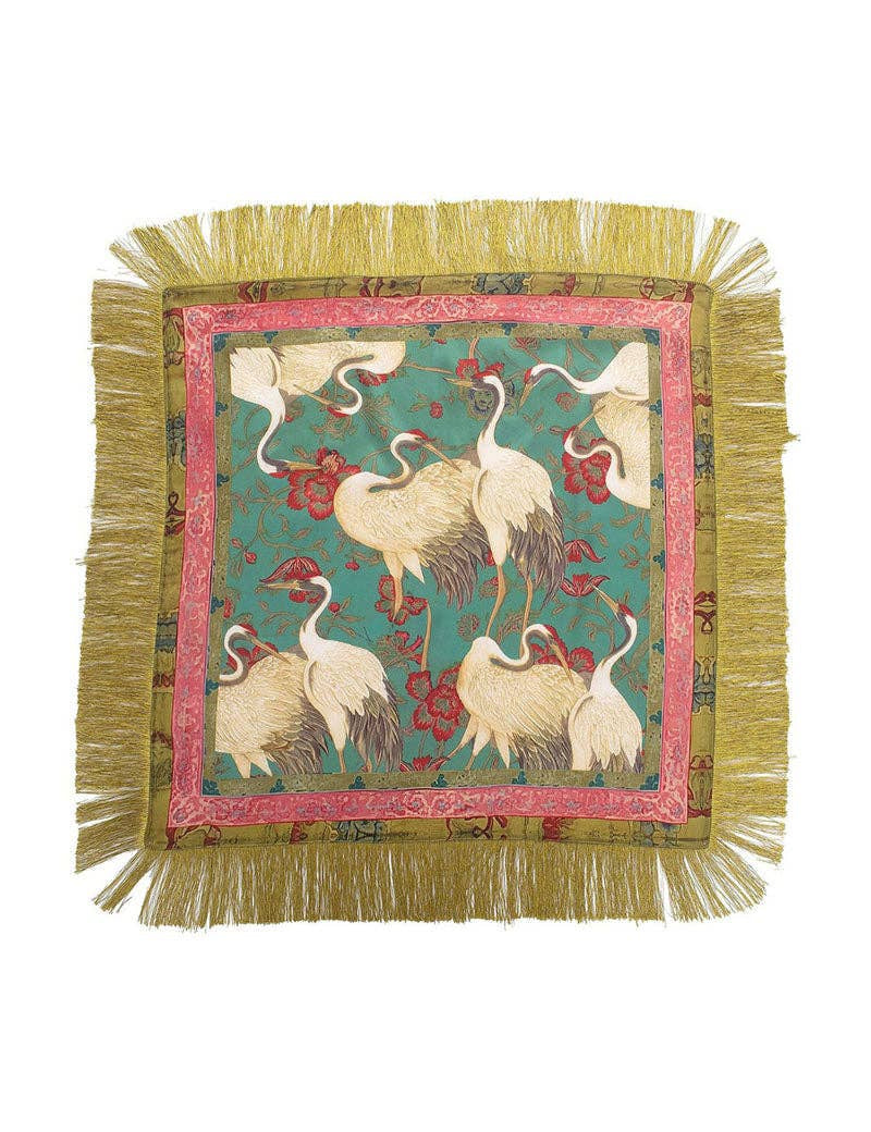 Green Floral Crane Print Square Scarf