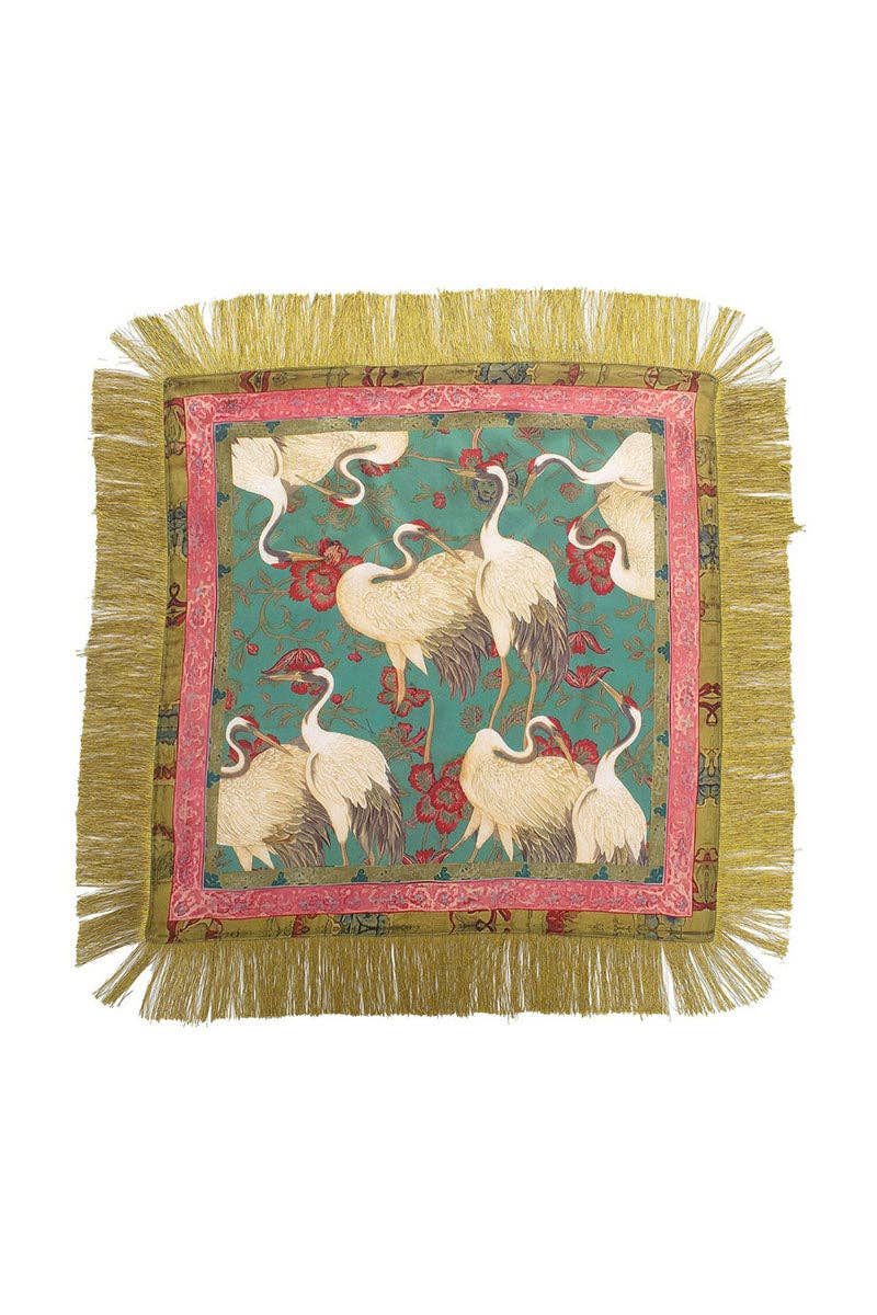 Green Floral Crane Print Square Scarf