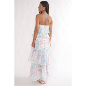 White Floral Halter Tiered Maxi Dress