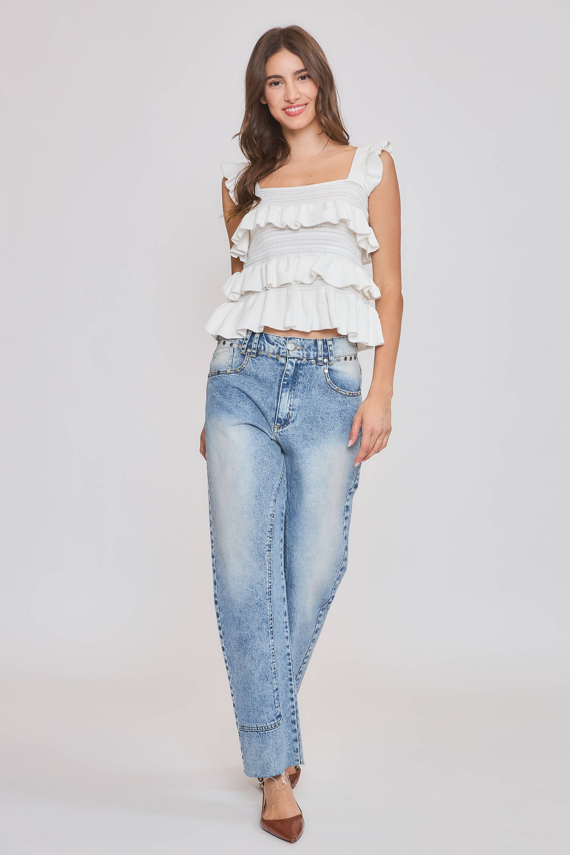 White Ruffled Knit Sleeveless Top