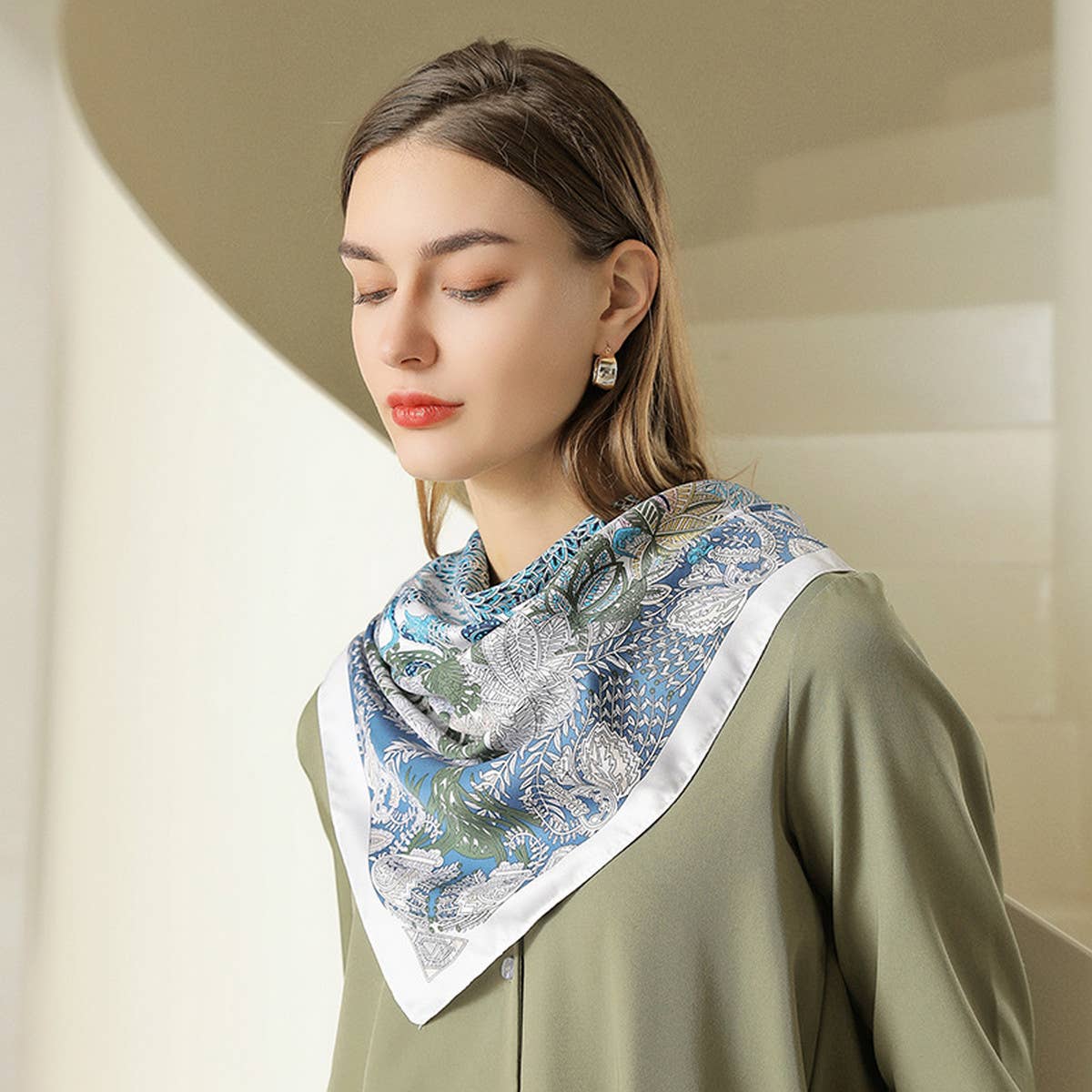 Blue Vintage French Print Scarf in Polyester satin