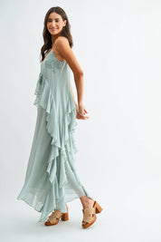 Mint Green Chiffon Maxi Dress with Floral Embroidery
