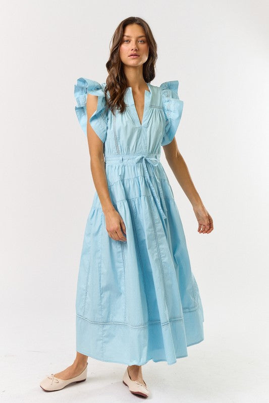 Blue Ruffle Sleeve Maxi Dress