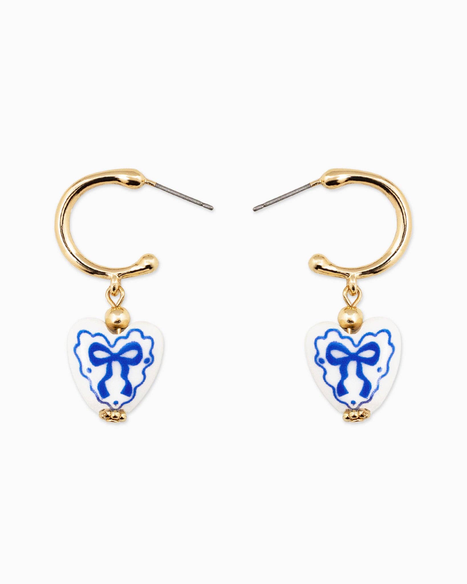 Blue Ceramic Heart Bow Graphic Drop Hoop Earrings